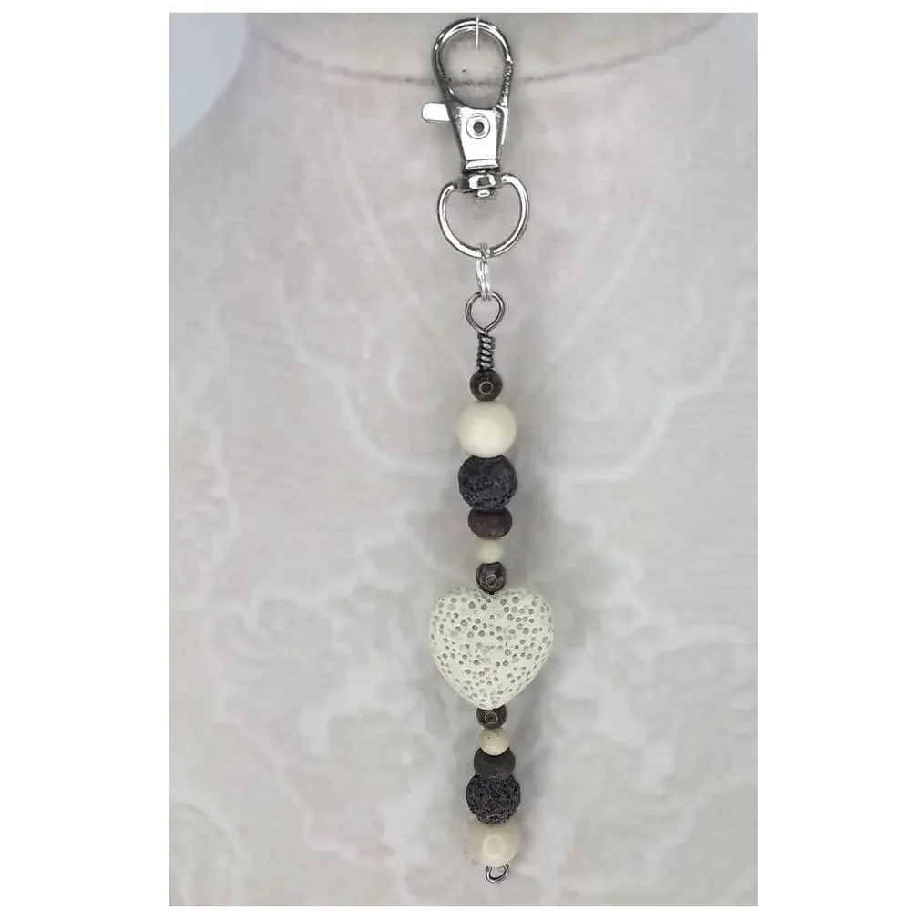 Handmade Beaded Diffuser Bag Charm Large Cream Lava Heart Gemstone Keychain NEW